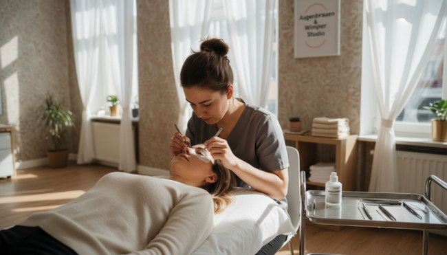 Eine Kosmetikerin bringt im Studio professionelle Wimpernverlängerungen an.