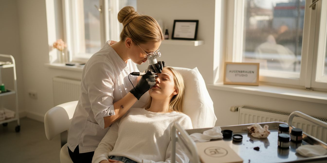 Eine Kosmetikerin führt im Studio eine professionelle Microblading-Behandlung durch.