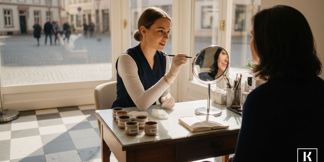 Eine Kosmetikerin berät ihre Kundin im Beautystudio.