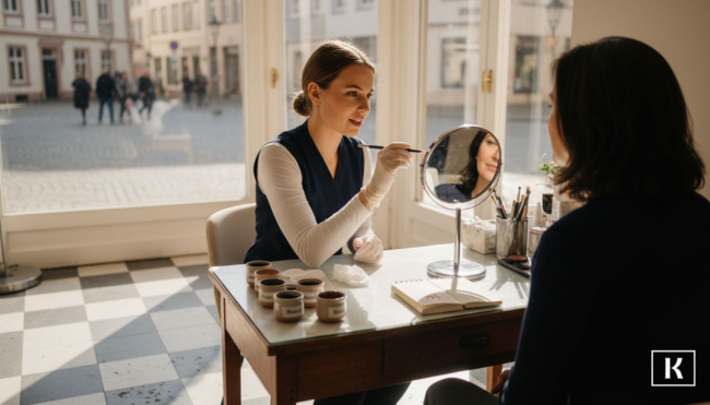 Eine Kosmetikerin berät ihre Kundin im Beautystudio.