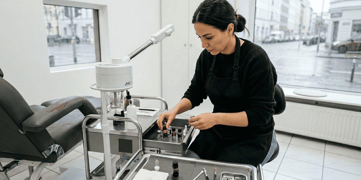 Eine Make-up-Artistin richtet ihren Arbeitsplatz im Beauty-Studio sorgfältig her und bereitet alles für die nächsten Kundinnen vor.