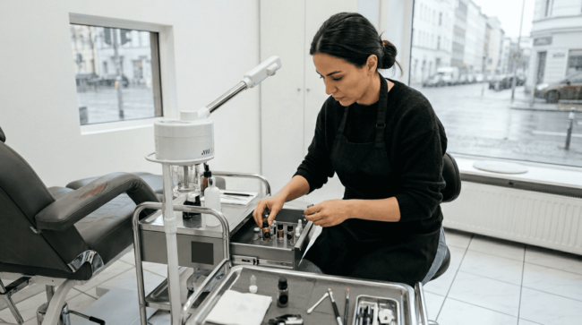 Eine Make-up-Artistin richtet ihren Arbeitsplatz im Beauty-Studio sorgfältig her und bereitet alles für die nächsten Kundinnen vor.
