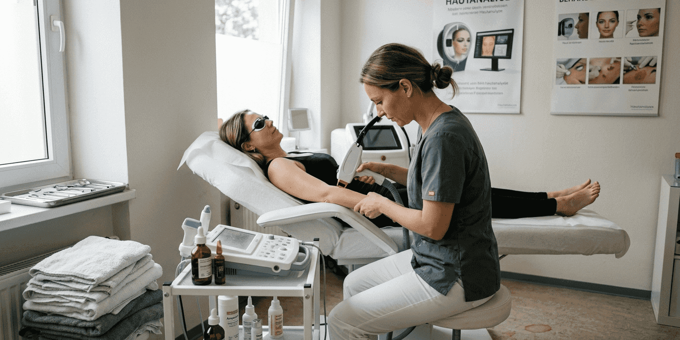 Professionelle Kosmetikerin bei der Anwendung moderner Geräte im Beauty-Studio