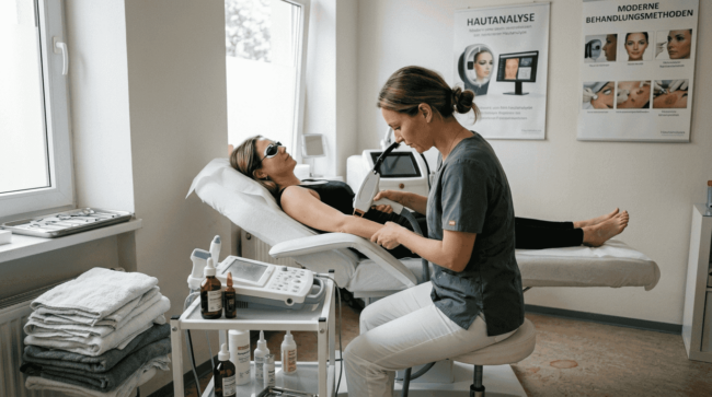 Professionelle Kosmetikerin bei der Anwendung moderner Geräte im Beauty-Studio